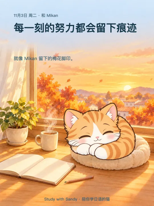 学习小卡片：秋日黄昏的窗边，橘猫 橘子 睡着了。卡片上写着：每一刻的努力都会留下痕迹。就像 橘子 留下的梅花脚印。