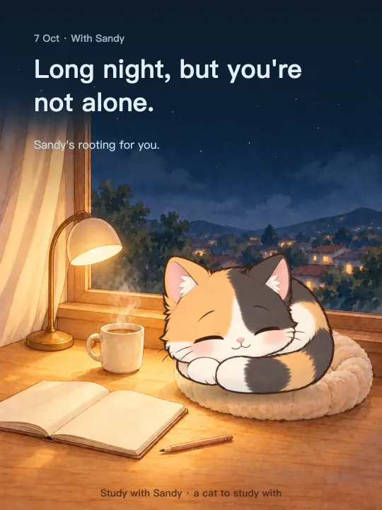 Study card: Sandy the calico cat asleep under a desk lamp at night. It reads: Long night, but you're not alone. Sandy's rooting for you.