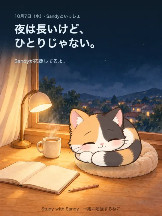 勉強カード：夜のデスクライトの下で眠る三毛猫の Sandy。「夜は長いけど、ひとりじゃない。Sandyが応援してるよ。」