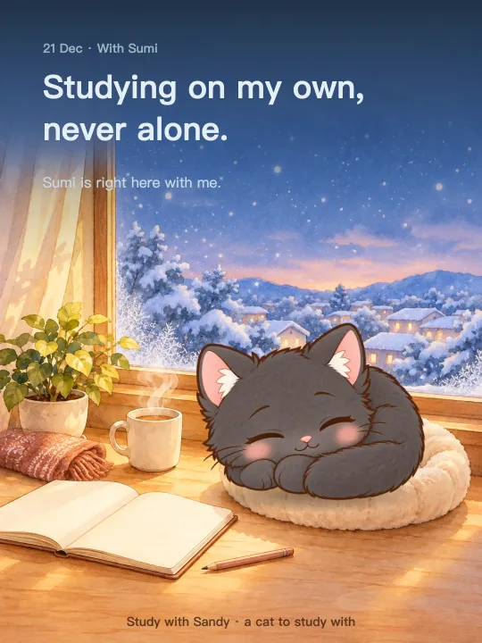 Study card: Sumi the black cat asleep by a snowy window in the evening. It reads: Studying on my own, never alone. Sumi is right here with me.