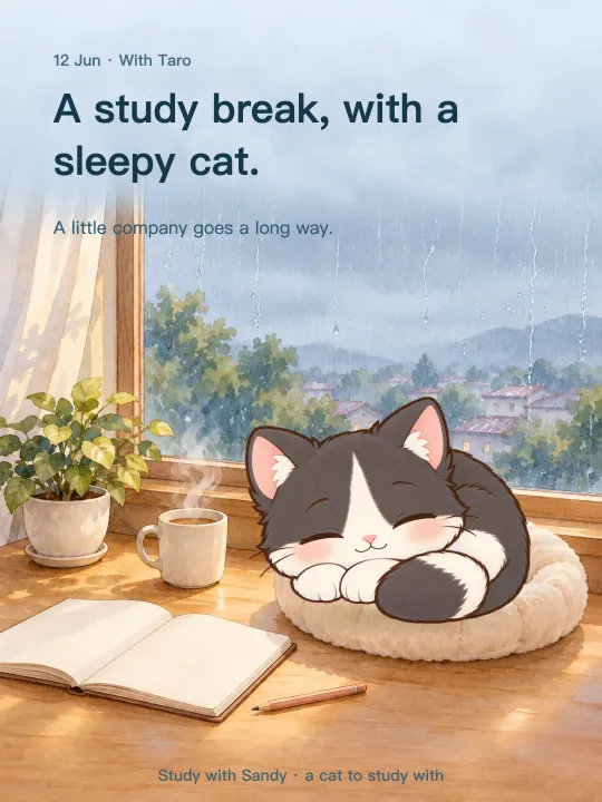 Study card: Taro the tuxedo cat asleep by a rainy window in the afternoon. It reads: A study break, with a sleepy cat. A little company goes a long way.