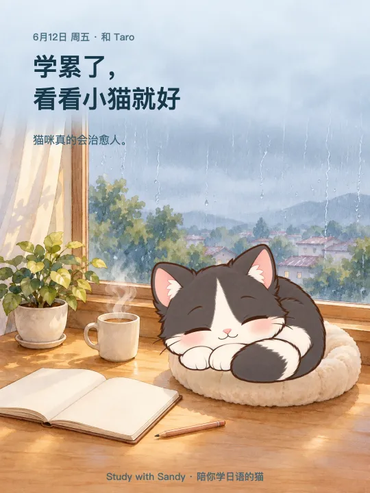 学习小卡片：下雨的午后，窗边，黑白燕尾服猫 太郎 睡着了。卡片上写着：学累了，看看小猫就好。猫咪真的会治愈人。