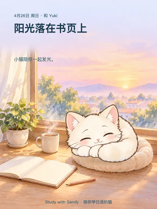 学习小卡片：清晨的窗边，白猫 小玉 睡着了。卡片上写着：阳光落在书页上。小猫陪你一起发光。